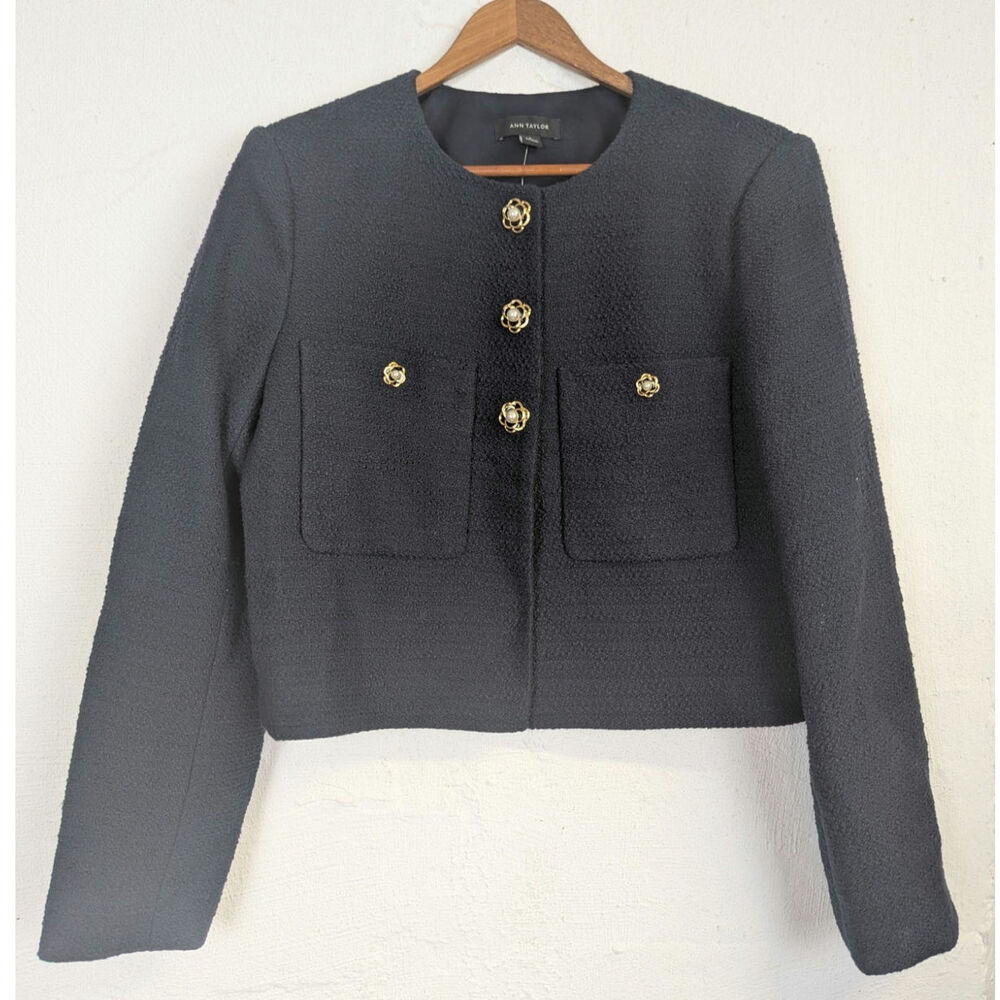 Ann Taylor Cropped Tweed Blazer Navy Blue Jewel Buttons Classic Office Womens 4
